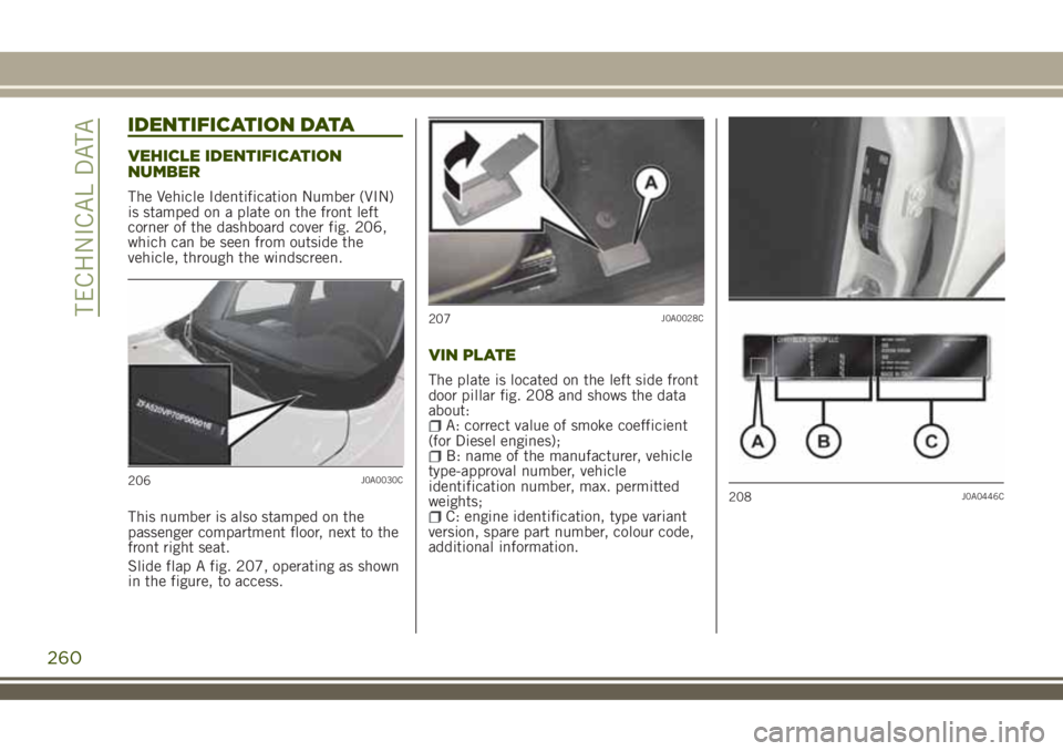 JEEP RENEGADE 2018 Owner handbook (in English) IDENTIFICATION DATA
VEHICLE IDENTIFICATION
NUMBER
The Vehicle Identification Number (VIN)
is stamped on a plate on the front left
corner of the dashboard cover fig. 206,
which can be seen from outside JEEP RENEGADE 2018 Owner handbook (in English) IDENTIFICATION DATA
VEHICLE IDENTIFICATION
NUMBER
The Vehicle Identification Number (VIN)
is stamped on a plate on the front left
corner of the dashboard cover fig. 206,
which can be seen from outside