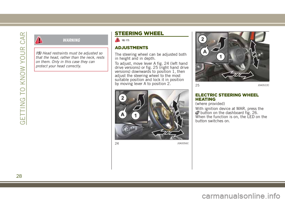 JEEP RENEGADE 2018 Owner handbook (in English) WARNING
15)Head restraints must be adjusted so
that the head, rather than the neck, rests
on them. Only in this case they can
protect your head correctly.
STEERING WHEEL
16) 17)
ADJUSTMENTS
The steeri JEEP RENEGADE 2018 Owner handbook (in English) WARNING
15)Head restraints must be adjusted so
that the head, rather than the neck, rests
on them. Only in this case they can
protect your head correctly.
STEERING WHEEL
16) 17)
ADJUSTMENTS
The steeri