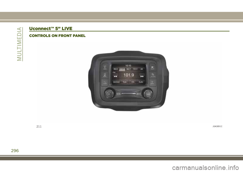 JEEP RENEGADE 2018 Owner handbook (in English) Uconnect™ 5” LIVE
CONTROLS ON FRONT PANEL
211J0A0891C
296
MULTIMEDIA JEEP RENEGADE 2018 Owner handbook (in English) Uconnect™ 5” LIVE
CONTROLS ON FRONT PANEL
211J0A0891C
296
MULTIMEDIA