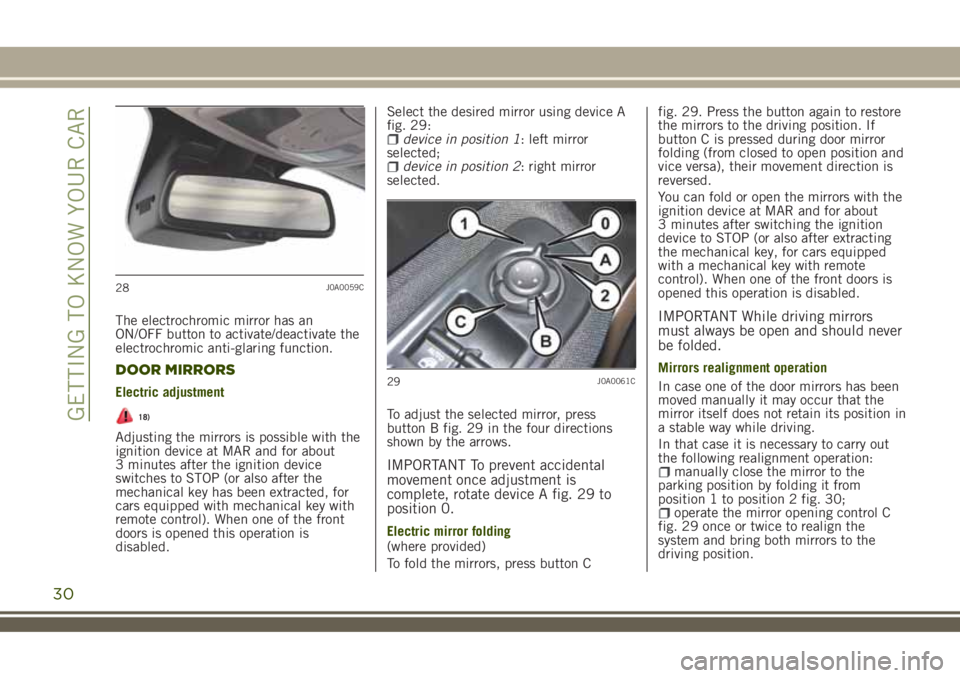 JEEP RENEGADE 2018 Owner handbook (in English) The electrochromic mirror has an
ON/OFF button to activate/deactivate the
electrochromic anti-glaring function.
DOOR MIRRORS
Electric adjustment
18)
Adjusting the mirrors is possible with the
ignition JEEP RENEGADE 2018 Owner handbook (in English) The electrochromic mirror has an
ON/OFF button to activate/deactivate the
electrochromic anti-glaring function.
DOOR MIRRORS
Electric adjustment
18)
Adjusting the mirrors is possible with the
ignition