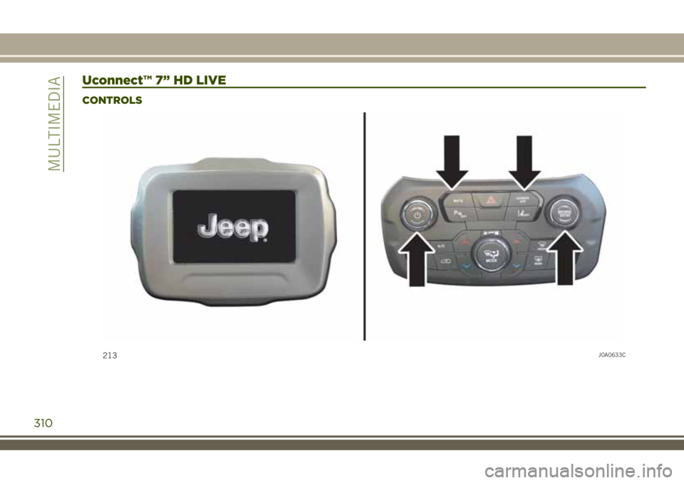 JEEP RENEGADE 2018 Owner handbook (in English) Uconnect™ 7” HD LIVE
CONTROLS
213J0A0633C
310
MULTIMEDIA JEEP RENEGADE 2018 Owner handbook (in English) Uconnect™ 7” HD LIVE
CONTROLS
213J0A0633C
310
MULTIMEDIA