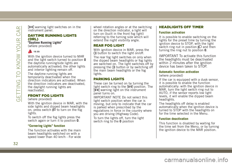 JEEP RENEGADE 2018 Owner handbook (in English) warning light switches on in the
instrument panel.
DAYTIME RUNNING LIGHTS
(DRL)
"Daytime Running Lights"
(where provided)
19) 20)
With the ignition device turned to MAR
and the light switch tu JEEP RENEGADE 2018 Owner handbook (in English) warning light switches on in the
instrument panel.
DAYTIME RUNNING LIGHTS
(DRL)
"Daytime Running Lights"
(where provided)
19) 20)
With the ignition device turned to MAR
and the light switch tu