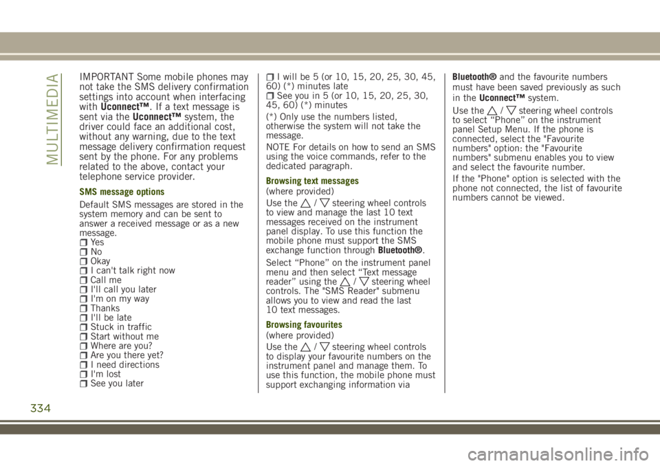 JEEP RENEGADE 2018 Owner handbook (in English) IMPORTANT Some mobile phones may
not take the SMS delivery confirmation
settings into account when interfacing
withUconnect™. If a text message is
sent via theUconnect™system, the
driver could fac JEEP RENEGADE 2018 Owner handbook (in English) IMPORTANT Some mobile phones may
not take the SMS delivery confirmation
settings into account when interfacing
withUconnect™. If a text message is
sent via theUconnect™system, the
driver could fac