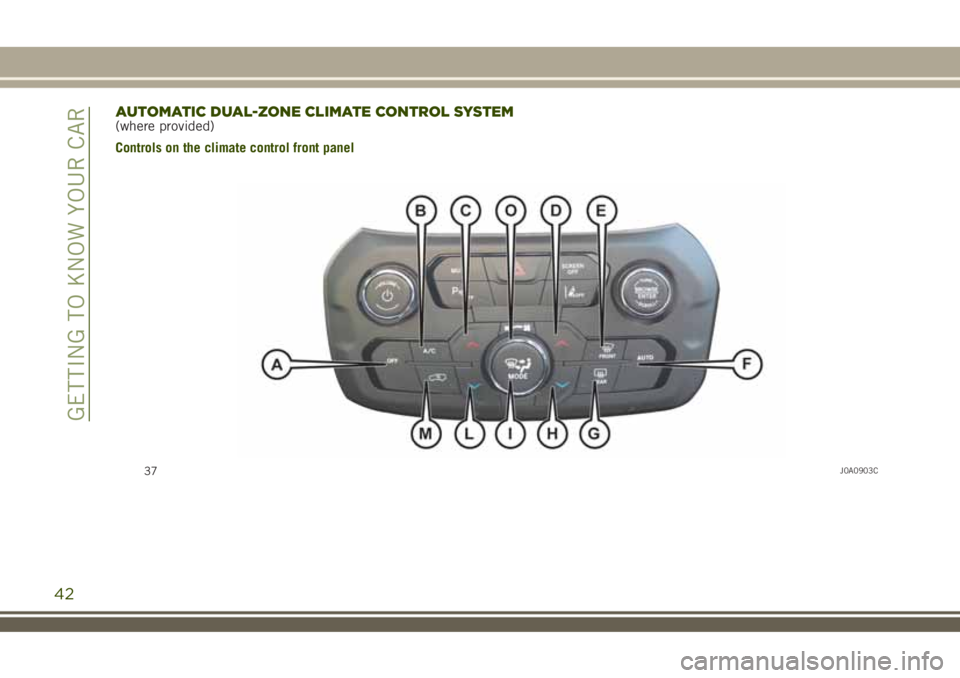 JEEP RENEGADE 2018 Owner handbook (in English) AUTOMATIC DUAL-ZONE CLIMATE CONTROL SYSTEM(where provided)
Controls on the climate control front panel
37J0A0903C
42
GETTING TO KNOW YOUR CAR JEEP RENEGADE 2018 Owner handbook (in English) AUTOMATIC DUAL-ZONE CLIMATE CONTROL SYSTEM(where provided)
Controls on the climate control front panel
37J0A0903C
42
GETTING TO KNOW YOUR CAR