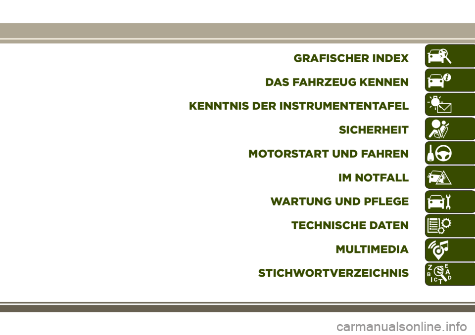 JEEP RENEGADE 2018  Betriebsanleitung (in German) GRAFISCHER INDEX
DAS FAHRZEUG KENNEN
KENNTNIS DER INSTRUMENTENTAFEL
SICHERHEIT
MOTORSTART UND FAHREN
IM NOTFALL
WARTUNG UND PFLEGE
TECHNISCHE DATEN
MULTIMEDIA
STICHWORTVERZEICHNIS 