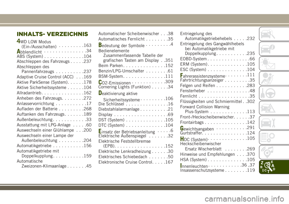 JEEP RENEGADE 2018  Betriebsanleitung (in German) INHALTS- VERZEICHNIS
4WD LOW Modus
(Ein-/Ausschalten).........163
Abblendlicht...............34
ABS (System)..............104
Abschleppen des Fahrzeugs.....237
Abschleppen des
Pannenfahrzeugs.........