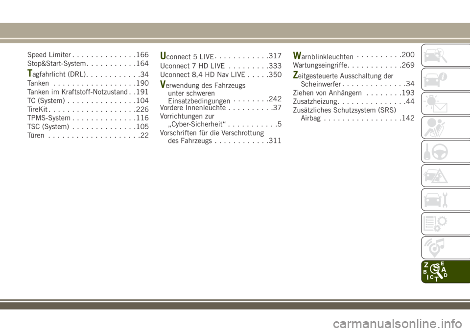 JEEP RENEGADE 2018  Betriebsanleitung (in German) Speed Limiter..............166
Stop&Start-System...........164
Tagfahrlicht (DRL)
............34
Tanken..................190
Tanken im Kraftstoff-Notzustand . .191
TC (System)...............104
TireKi