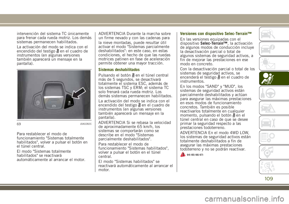 JEEP RENEGADE 2018  Manual de Empleo y Cuidado (in Spanish) intervención del sistema TC únicamente
para frenar cada rueda motriz. Los demás
sistemas permanecen habilitados.
La activación del modo se indica con el
encendido del testigo
en el cuadro de
instr