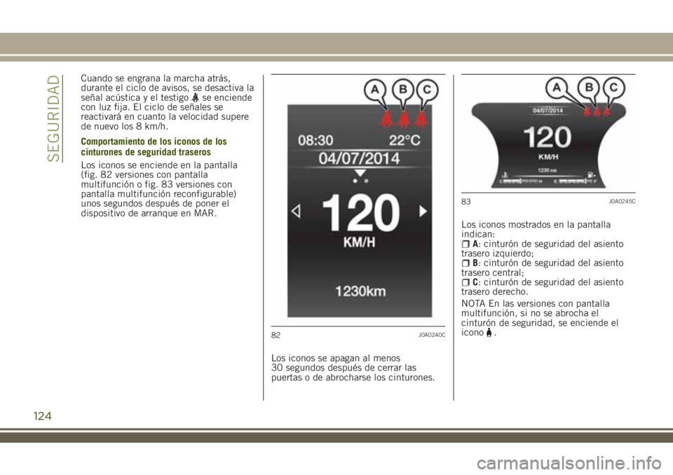 JEEP RENEGADE 2018  Manual de Empleo y Cuidado (in Spanish) Cuando se engrana la marcha atrás,
durante el ciclo de avisos, se desactiva la
señal acústica y el testigo
se enciende
con luz fija. El ciclo de señales se
reactivará en cuanto la velocidad super