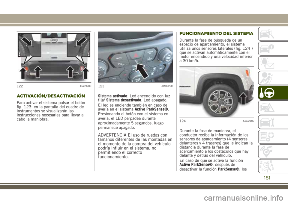 JEEP RENEGADE 2018  Manual de Empleo y Cuidado (in Spanish) ACTIVACIÓN/DESACTIVACIÓN
Para activar el sistema pulsar el botón
fig. 123: en la pantalla del cuadro de
instrumentos se visualizarán las
instrucciones necesarias para llevar a
cabo la maniobra.Sis