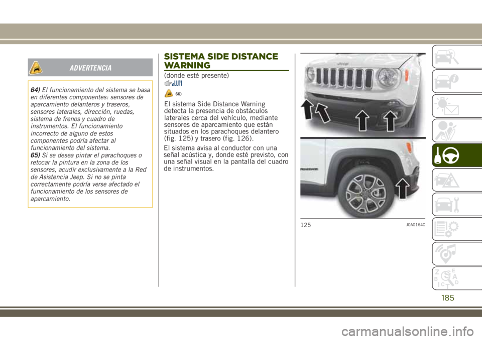 JEEP RENEGADE 2018  Manual de Empleo y Cuidado (in Spanish) ADVERTENCIA
64)El funcionamiento del sistema se basa
en diferentes componentes: sensores de
aparcamiento delanteros y traseros,
sensores laterales, dirección, ruedas,
sistema de frenos y cuadro de
in