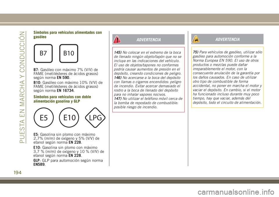 JEEP RENEGADE 2018  Manual de Empleo y Cuidado (in Spanish) Símbolos para vehículos alimentados con
gasóleo
B7: Gasóleo con máximo 7% (V/V) de
FAME (metilésteres de ácidos grasos)
según normaEN 590.
B10: Gasóleo con máximo 10% (V/V) de
FAME (metilés