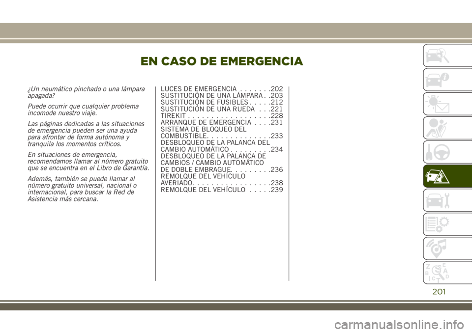 JEEP RENEGADE 2018  Manual de Empleo y Cuidado (in Spanish) EN CASO DE EMERGENCIA
¿Un neumático pinchado o una lámpara
apagada?
Puede ocurrir que cualquier problema
incomode nuestro viaje.
Las páginas dedicadas a las situaciones
de emergencia pueden ser un
