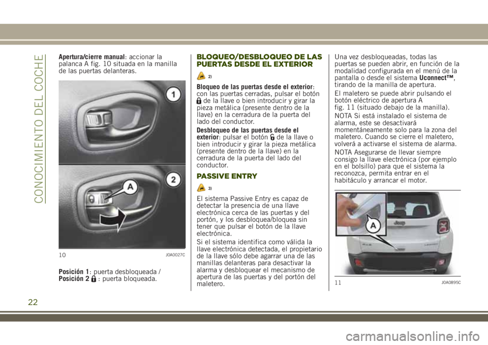 JEEP RENEGADE 2018 Manual de Empleo y Cuidado (in Spanish) Apertura/cierre manual: accionar la
palanca A fig. 10 situada en la manilla
de las puertas delanteras.
Posición 1: puerta desbloqueada /
Posición 2
: puerta bloqueada.
BLOQUEO/DESBLOQUEO DE LAS
PUER JEEP RENEGADE 2018 Manual de Empleo y Cuidado (in Spanish) Apertura/cierre manual: accionar la
palanca A fig. 10 situada en la manilla
de las puertas delanteras.
Posición 1: puerta desbloqueada /
Posición 2
: puerta bloqueada.
BLOQUEO/DESBLOQUEO DE LAS
PUER