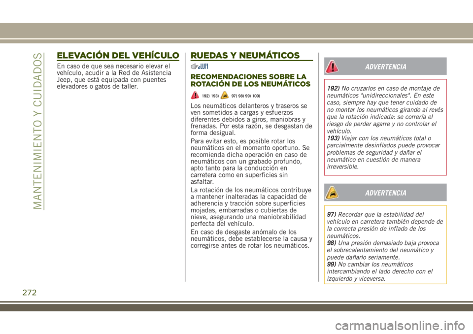 JEEP RENEGADE 2018 Manual de Empleo y Cuidado (in Spanish) ELEVACIÓN DEL VEHÍCULO
En caso de que sea necesario elevar el
vehículo, acudir a la Red de Asistencia
Jeep, que está equipada con puentes
elevadores o gatos de taller.
RUEDAS Y NEUMÁTICOS
RECOMEN JEEP RENEGADE 2018 Manual de Empleo y Cuidado (in Spanish) ELEVACIÓN DEL VEHÍCULO
En caso de que sea necesario elevar el
vehículo, acudir a la Red de Asistencia
Jeep, que está equipada con puentes
elevadores o gatos de taller.
RUEDAS Y NEUMÁTICOS
RECOMEN