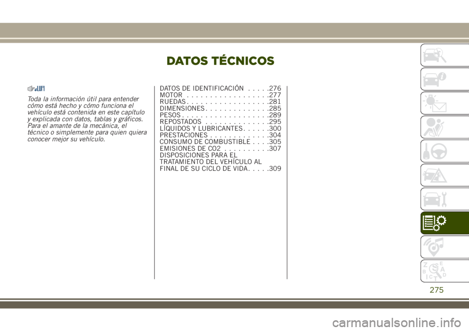 JEEP RENEGADE 2018 Manual de Empleo y Cuidado (in Spanish) DATOS TÉCNICOS
Toda la información útil para entender
cómo está hecho y cómo funciona el
vehículo está contenida en este capítulo
y explicada con datos, tablas y gráficos.
Para el amante de JEEP RENEGADE 2018 Manual de Empleo y Cuidado (in Spanish) DATOS TÉCNICOS
Toda la información útil para entender
cómo está hecho y cómo funciona el
vehículo está contenida en este capítulo
y explicada con datos, tablas y gráficos.
Para el amante de