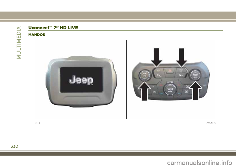 JEEP RENEGADE 2018 Manual de Empleo y Cuidado (in Spanish) Uconnect™ 7” HD LIVE
MANDOS
211J0A0633C
330
MULTIMEDIA JEEP RENEGADE 2018 Manual de Empleo y Cuidado (in Spanish) Uconnect™ 7” HD LIVE
MANDOS
211J0A0633C
330
MULTIMEDIA