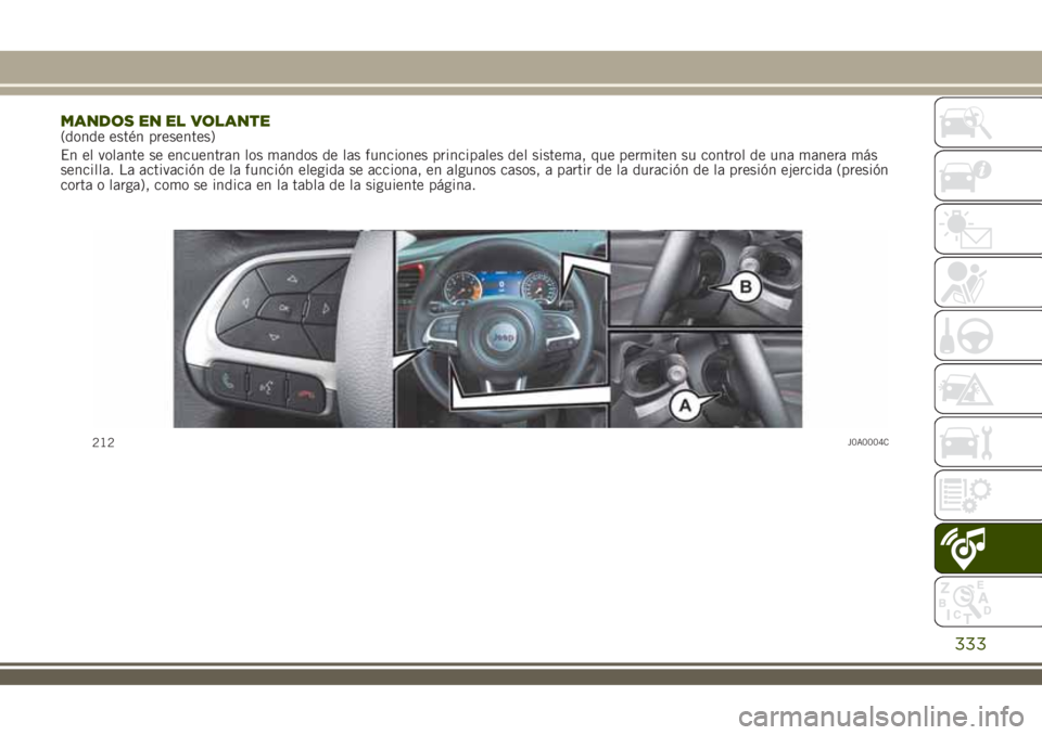 JEEP RENEGADE 2018 Manual de Empleo y Cuidado (in Spanish) MANDOS EN EL VOLANTE(donde estén presentes)
En el volante se encuentran los mandos de las funciones principales del sistema, que permiten su control de una manera más
sencilla. La activación de la JEEP RENEGADE 2018 Manual de Empleo y Cuidado (in Spanish) MANDOS EN EL VOLANTE(donde estén presentes)
En el volante se encuentran los mandos de las funciones principales del sistema, que permiten su control de una manera más
sencilla. La activación de la