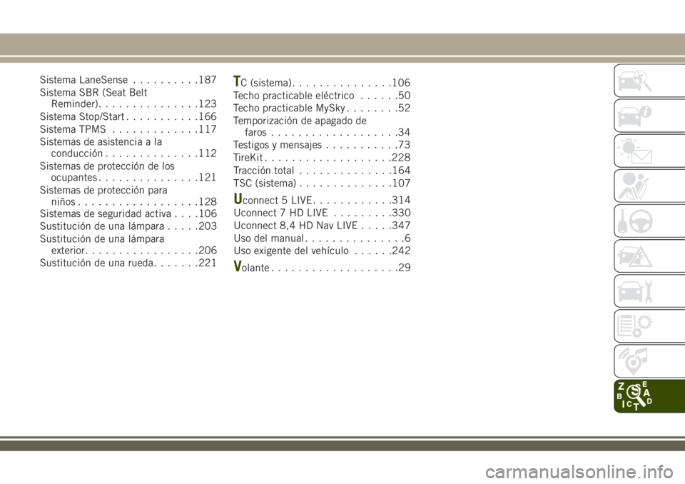 JEEP RENEGADE 2018  Manual de Empleo y Cuidado (in Spanish) Sistema LaneSense..........187
Sistema SBR (Seat Belt
Reminder)...............123
Sistema Stop/Start...........166
Sistema TPMS.............117
Sistemas de asistencia a la
conducción..............112