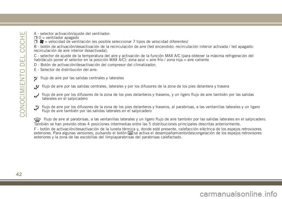 JEEP RENEGADE 2018  Manual de Empleo y Cuidado (in Spanish) A - selector activación/ajuste del ventilador:0 = ventilador apagado= velocidad de ventilación (es posible seleccionar 7 tipos de velocidad diferentes)
B - botón de activación/desactivación de la