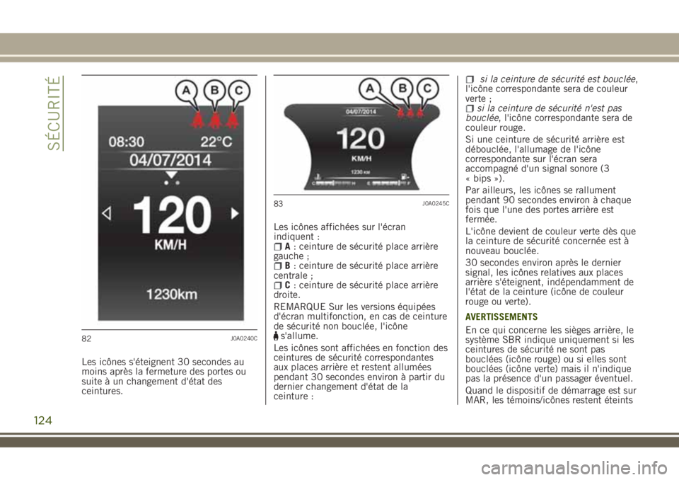 JEEP RENEGADE 2018  Notice dentretien (in French) Les icônes s'éteignent 30 secondes au
moins après la fermeture des portes ou
suite à un changement d'état des
ceintures.Les icônes affichées sur l'écran
indiquent :
A: ceinture de 
