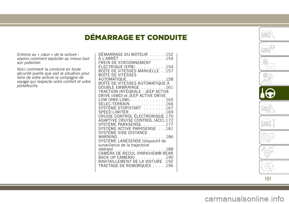 JEEP RENEGADE 2018  Notice dentretien (in French) DÉMARRAGE ET CONDUITE
Entrons au « cœur » de la voiture :
voyons comment exploiter au mieux tout
son potentiel.
Voici comment la conduire en toute
sécurité quelle que soit la situation pour
fair JEEP RENEGADE 2018  Notice dentretien (in French) DÉMARRAGE ET CONDUITE
Entrons au « cœur » de la voiture :
voyons comment exploiter au mieux tout
son potentiel.
Voici comment la conduire en toute
sécurité quelle que soit la situation pour
fair