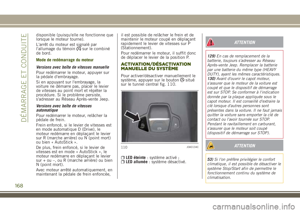 JEEP RENEGADE 2018 Notice dentretien (in French) disponible (puisqu'elle ne fonctionne que
lorsque le moteur tourne).
L'arrêt du moteur est signalé par
l'allumage du témoin
sur le combiné
de bord.
Mode de redémarrage du moteur
Versi JEEP RENEGADE 2018 Notice dentretien (in French) disponible (puisqu'elle ne fonctionne que
lorsque le moteur tourne).
L'arrêt du moteur est signalé par
l'allumage du témoin
sur le combiné
de bord.
Mode de redémarrage du moteur
Versi