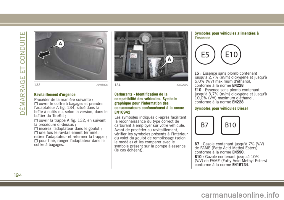 JEEP RENEGADE 2018  Notice dentretien (in French) Ravitaillement d'urgence
Procéder de la manière suivante :
ouvrir le coffre à bagages et prendre
l'adaptateur A fig. 134, situé dans la
boîte à outils ou, selon la version, dans le
boît