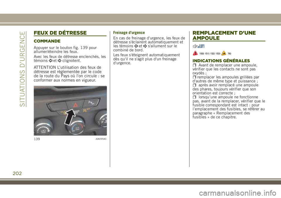JEEP RENEGADE 2018  Notice dentretien (in French) FEUX DE DÉTRESSE
COMMANDE
Appuyer sur le bouton fig. 139 pour
allumer/éteindre les feux.
Avec les feux de détresse enclenchés, les
témoins
etclignotent.
ATTENTION L’utilisation des feux de
dét