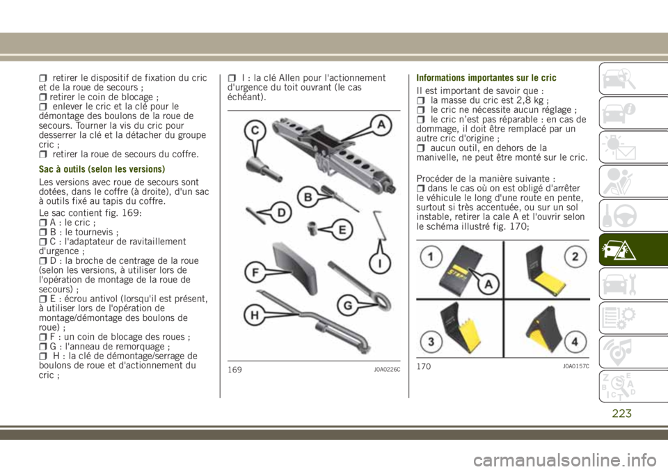 JEEP RENEGADE 2018  Notice dentretien (in French) retirer le dispositif de fixation du cric
et de la roue de secours ;
retirer le coin de blocage ;enlever le cric et la clé pour le
démontage des boulons de la roue de
secours. Tourner la vis du cric