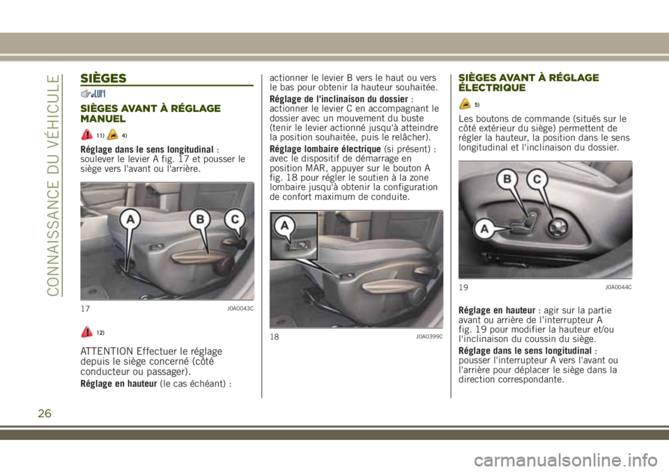 JEEP RENEGADE 2018 Notice dentretien (in French) SIÈGES
SIÈGES AVANT À RÉGLAGE
MANUEL
11)4)
Réglage dans le sens longitudinal:
soulever le levier A fig. 17 et pousser le
siège vers l'avant ou l'arrière.
12)
ATTENTION Effectuer le rég JEEP RENEGADE 2018 Notice dentretien (in French) SIÈGES
SIÈGES AVANT À RÉGLAGE
MANUEL
11)4)
Réglage dans le sens longitudinal:
soulever le levier A fig. 17 et pousser le
siège vers l'avant ou l'arrière.
12)
ATTENTION Effectuer le rég
