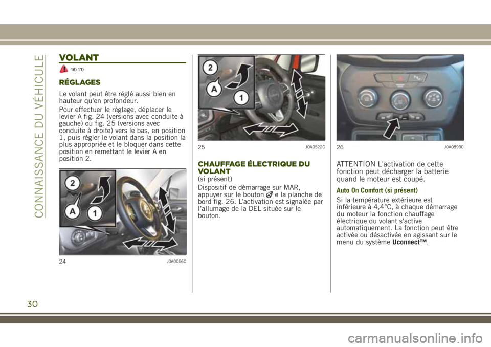 JEEP RENEGADE 2018 Notice dentretien (in French) VOLANT
16) 17)
RÉGLAGES
Le volant peut être réglé aussi bien en
hauteur qu'en profondeur.
Pour effectuer le réglage, déplacer le
levier A fig. 24 (versions avec conduite à
gauche) ou fig. 2 JEEP RENEGADE 2018 Notice dentretien (in French) VOLANT
16) 17)
RÉGLAGES
Le volant peut être réglé aussi bien en
hauteur qu'en profondeur.
Pour effectuer le réglage, déplacer le
levier A fig. 24 (versions avec conduite à
gauche) ou fig. 2