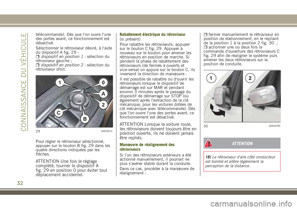 JEEP RENEGADE 2018 Notice dentretien (in French) télécommande). Dès que l'on ouvre l'une
des portes avant, ce fonctionnement est
désactivé.
Sélectionner le rétroviseur désiré, à l'aide
du dispositif A fig. 29 :
dispositif en po JEEP RENEGADE 2018 Notice dentretien (in French) télécommande). Dès que l'on ouvre l'une
des portes avant, ce fonctionnement est
désactivé.
Sélectionner le rétroviseur désiré, à l'aide
du dispositif A fig. 29 :
dispositif en po