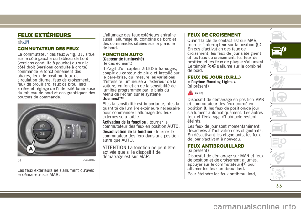 JEEP RENEGADE 2018 Notice dentretien (in French) FEUX EXTÉRIEURS
COMMUTATEUR DES FEUX
Le commutateur des feux A fig. 31, situé
sur le côté gauche du tableau de bord
(versions conduite à gauche) ou sur le
côté droit (versions conduite à droit JEEP RENEGADE 2018 Notice dentretien (in French) FEUX EXTÉRIEURS
COMMUTATEUR DES FEUX
Le commutateur des feux A fig. 31, situé
sur le côté gauche du tableau de bord
(versions conduite à gauche) ou sur le
côté droit (versions conduite à droit