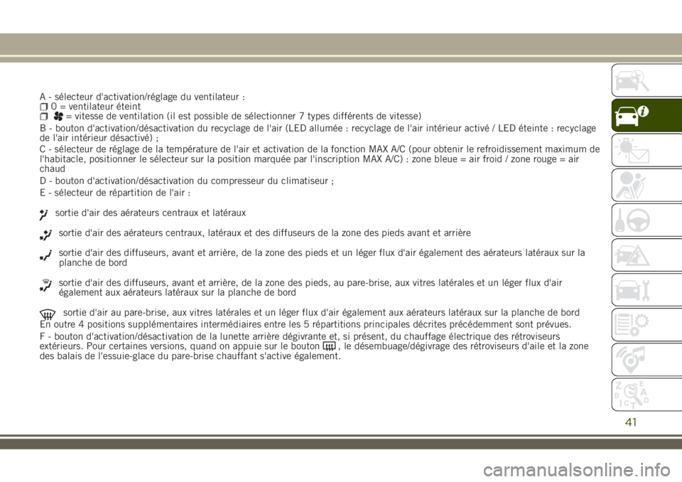 JEEP RENEGADE 2018 Notice dentretien (in French) A - sélecteur d'activation/réglage du ventilateur :0 = ventilateur éteint= vitesse de ventilation (il est possible de sélectionner 7 types différents de vitesse)
B - bouton d'activation/d JEEP RENEGADE 2018 Notice dentretien (in French) A - sélecteur d'activation/réglage du ventilateur :0 = ventilateur éteint= vitesse de ventilation (il est possible de sélectionner 7 types différents de vitesse)
B - bouton d'activation/d