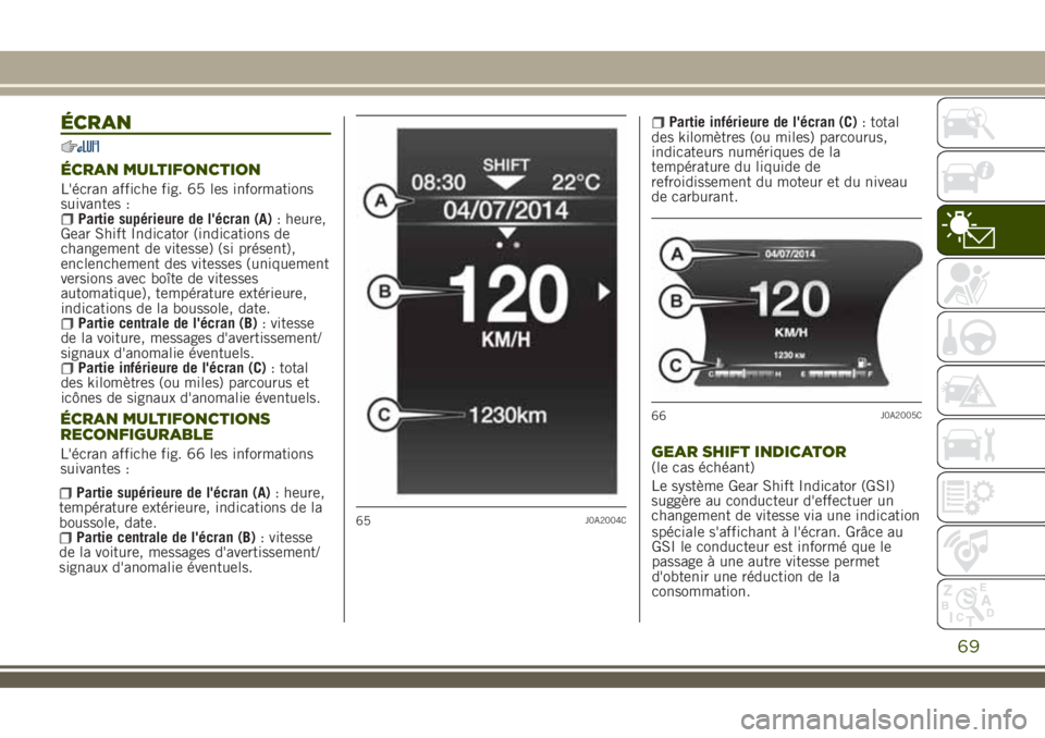 JEEP RENEGADE 2018  Notice dentretien (in French) ÉCRAN
ÉCRAN MULTIFONCTION
L'écran affiche fig. 65 les informations
suivantes :
Partie supérieure de l'écran (A): heure,
Gear Shift Indicator (indications de
changement de vitesse) (si pr