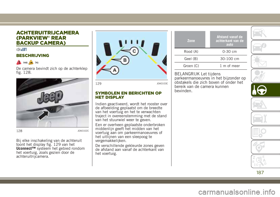 JEEP RENEGADE 2018 Instructieboek (in Dutch) ACHTERUITRIJCAMERA
(PARKVIEW® REAR
BACKUP CAMERA)
BESCHRIJVING
144)74)
De camera bevindt zich op de achterklep
fig. 128.
Bij elke inschakeling van de achteruit
toont het display fig. 129 van het
Ucon JEEP RENEGADE 2018 Instructieboek (in Dutch) ACHTERUITRIJCAMERA
(PARKVIEW® REAR
BACKUP CAMERA)
BESCHRIJVING
144)74)
De camera bevindt zich op de achterklep
fig. 128.
Bij elke inschakeling van de achteruit
toont het display fig. 129 van het
Ucon