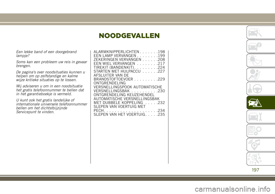 JEEP RENEGADE 2018 Instructieboek (in Dutch) NOODGEVALLEN
Een lekke band of een doorgebrand
lampje?
Soms kan een probleem uw reis in gevaar
brengen.
De pagina's over noodsituaties kunnen u
helpen om op zelfstandige en kalme
wijze kritieke si JEEP RENEGADE 2018 Instructieboek (in Dutch) NOODGEVALLEN
Een lekke band of een doorgebrand
lampje?
Soms kan een probleem uw reis in gevaar
brengen.
De pagina's over noodsituaties kunnen u
helpen om op zelfstandige en kalme
wijze kritieke si