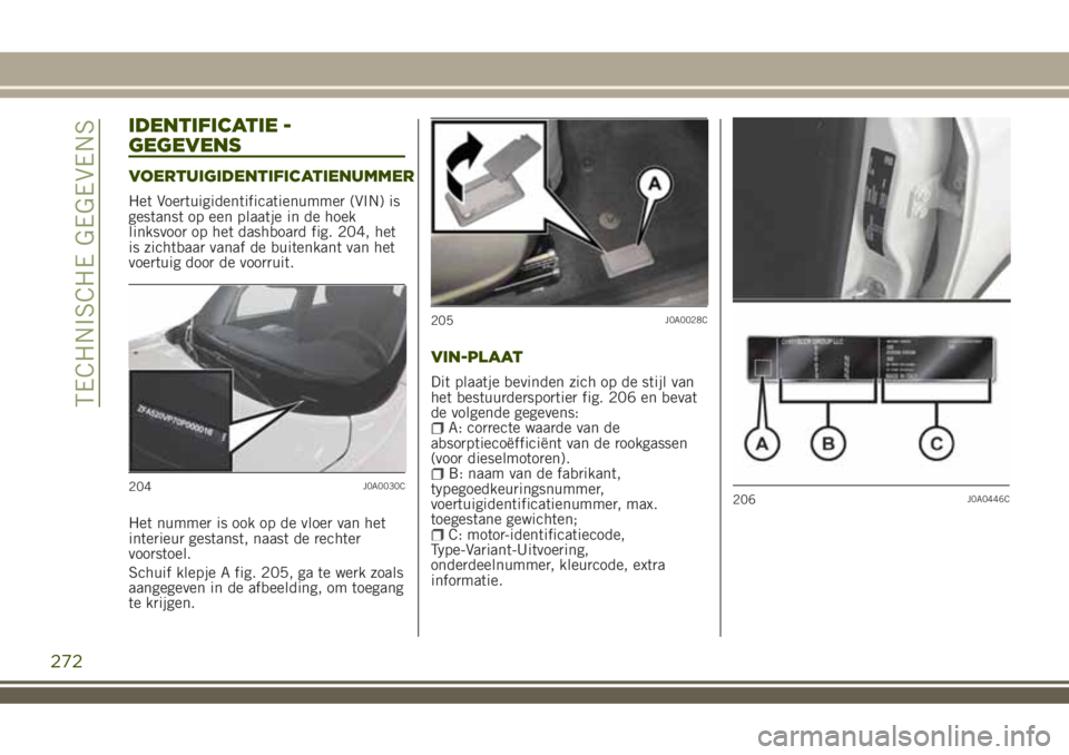 JEEP RENEGADE 2018 Instructieboek (in Dutch) IDENTIFICATIE -
GEGEVENS
VOERTUIGIDENTIFICATIENUMMER
Het Voertuigidentificatienummer (VIN) is
gestanst op een plaatje in de hoek
linksvoor op het dashboard fig. 204, het
is zichtbaar vanaf de buitenka JEEP RENEGADE 2018 Instructieboek (in Dutch) IDENTIFICATIE -
GEGEVENS
VOERTUIGIDENTIFICATIENUMMER
Het Voertuigidentificatienummer (VIN) is
gestanst op een plaatje in de hoek
linksvoor op het dashboard fig. 204, het
is zichtbaar vanaf de buitenka