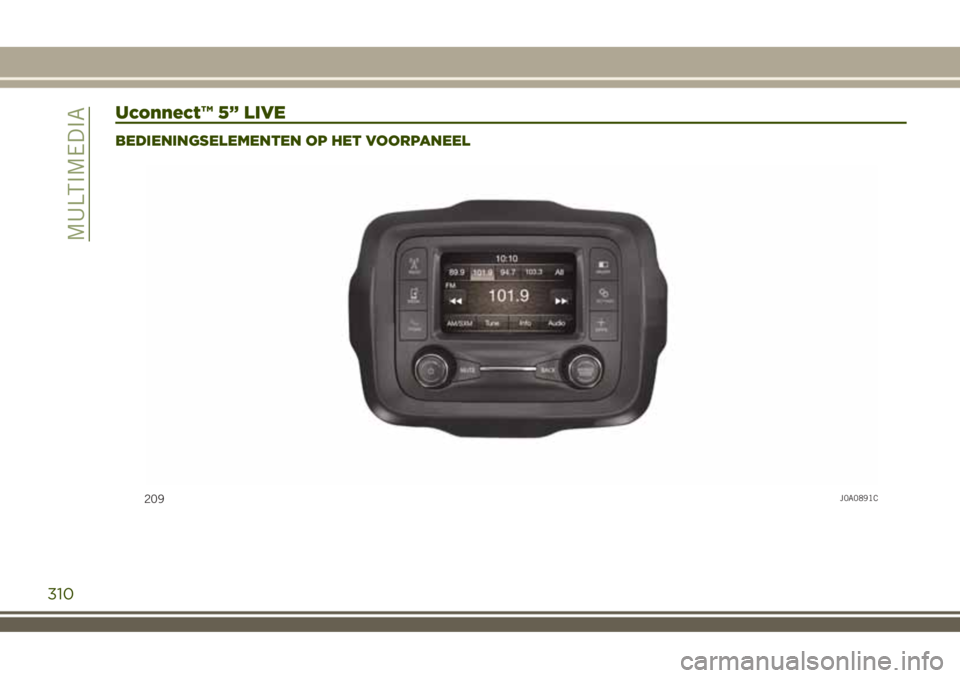 JEEP RENEGADE 2018  Instructieboek (in Dutch) Uconnect™ 5” LIVE
BEDIENINGSELEMENTEN OP HET VOORPANEEL
209J0A0891C
310
MULTIMEDIA 