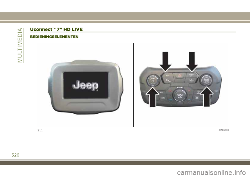 JEEP RENEGADE 2018 Instructieboek (in Dutch) Uconnect™ 7” HD LIVE
BEDIENINGSELEMENTEN
211J0A0633C
326
MULTIMEDIA JEEP RENEGADE 2018 Instructieboek (in Dutch) Uconnect™ 7” HD LIVE
BEDIENINGSELEMENTEN
211J0A0633C
326
MULTIMEDIA