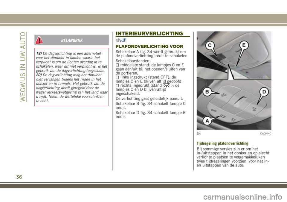 JEEP RENEGADE 2018  Instructieboek (in Dutch) BELANGRIJK
19)De dagverlichting is een alternatief
voor het dimlicht in landen waarin het
verplicht is om de lichten overdag in te
schakelen, waar dit niet verplicht is, is het
gebruik van de dagverli