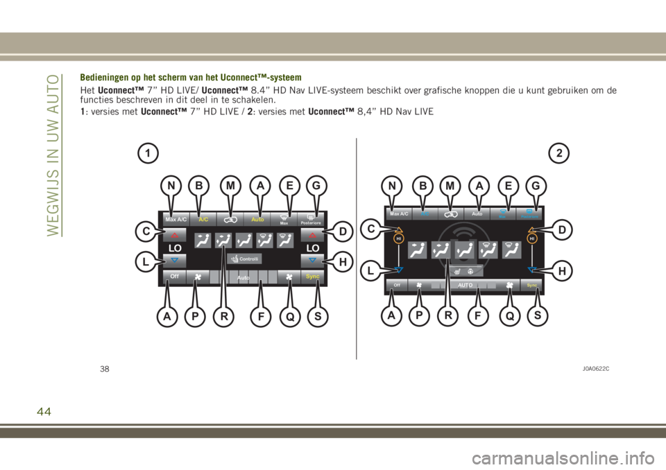 JEEP RENEGADE 2018  Instructieboek (in Dutch) Bedieningen op het scherm van het Uconnect™-systeem
HetUconnect™7” HD LIVE/Uconnect™8.4” HD Nav LIVE-systeem beschikt over grafische knoppen die u kunt gebruiken om de
functies beschreven in