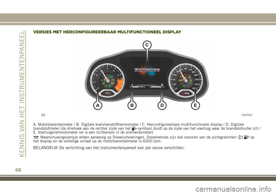 JEEP RENEGADE 2018 Instructieboek (in Dutch) VERSIES MET HERCONFIGUREERBAAR MULTIFUNCTIONEEL DISPLAY
A. Motortoerentalmeter / B. Digitale koelvloeistofthermometer / C. Herconfigureerbare multifunctionele display / D. Digitale
brandstofmeter (de JEEP RENEGADE 2018 Instructieboek (in Dutch) VERSIES MET HERCONFIGUREERBAAR MULTIFUNCTIONEEL DISPLAY
A. Motortoerentalmeter / B. Digitale koelvloeistofthermometer / C. Herconfigureerbare multifunctionele display / D. Digitale
brandstofmeter (de