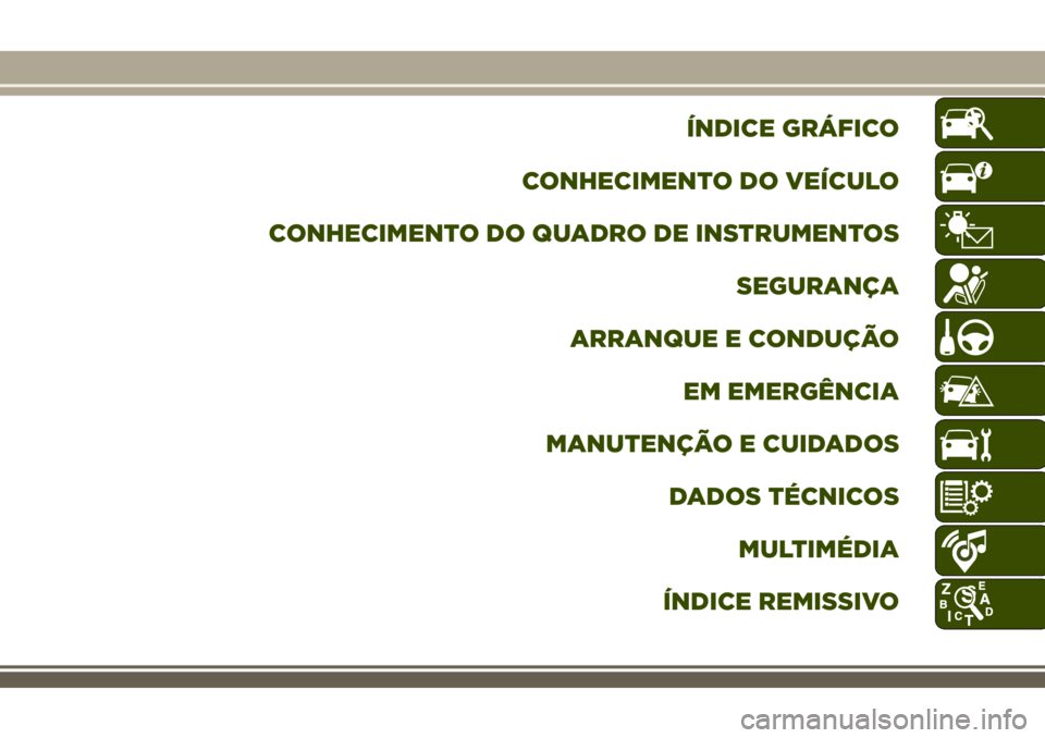 JEEP RENEGADE 2018  Manual de Uso e Manutenção (in Portuguese) ÍNDICE GRÁFICO
CONHECIMENTO DO VEÍCULO
CONHECIMENTO DO QUADRO DE INSTRUMENTOS
SEGURANÇA
ARRANQUE E CONDUÇÃO
EM EMERGÊNCIA
MANUTENÇÃO E CUIDADOS
DADOS TÉCNICOS
MULTIMÉDIA
ÍNDICE REMISSIVO 