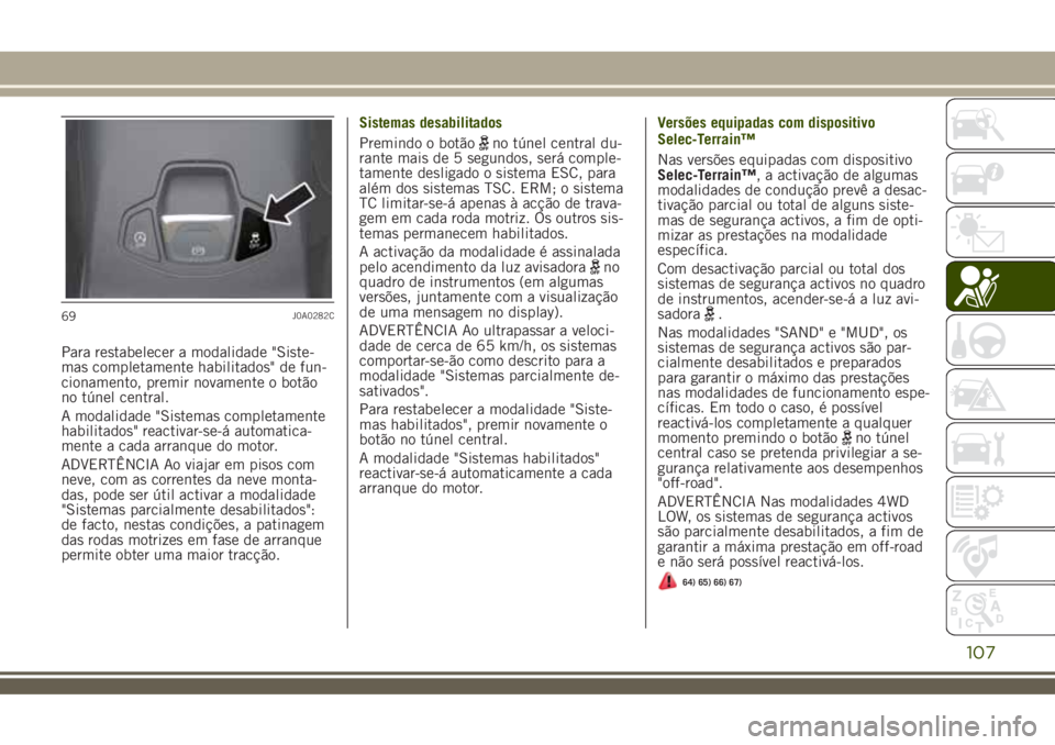JEEP RENEGADE 2018  Manual de Uso e Manutenção (in Portuguese) Para restabelecer a modalidade "Siste-
mas completamente habilitados" de fun-
cionamento, premir novamente o botão
no túnel central.
A modalidade "Sistemas completamente
habilitados"