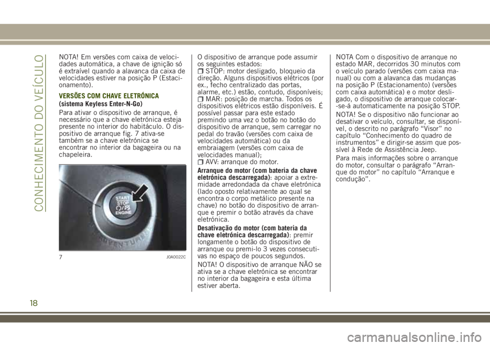 JEEP RENEGADE 2018 Manual de Uso e Manutenção (in Portuguese) NOTA! Em versões com caixa de veloci-
dades automática, a chave de ignição só
é extraível quando a alavanca da caixa de
velocidades estiver na posição P (Estaci-
onamento).
VERSÕES COM CHAVE JEEP RENEGADE 2018 Manual de Uso e Manutenção (in Portuguese) NOTA! Em versões com caixa de veloci-
dades automática, a chave de ignição só
é extraível quando a alavanca da caixa de
velocidades estiver na posição P (Estaci-
onamento).
VERSÕES COM CHAVE