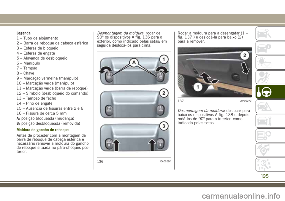 JEEP RENEGADE 2018  Manual de Uso e Manutenção (in Portuguese) Legenda
1 – Tubo de alojamento
2 – Barra de reboque de cabeça esférica
3 – Esferas de bloqueio
4 – Esferas de engate
5 – Alavanca de desbloqueio
6 – Manípulo
7 – Tampão
8 – Chave
9