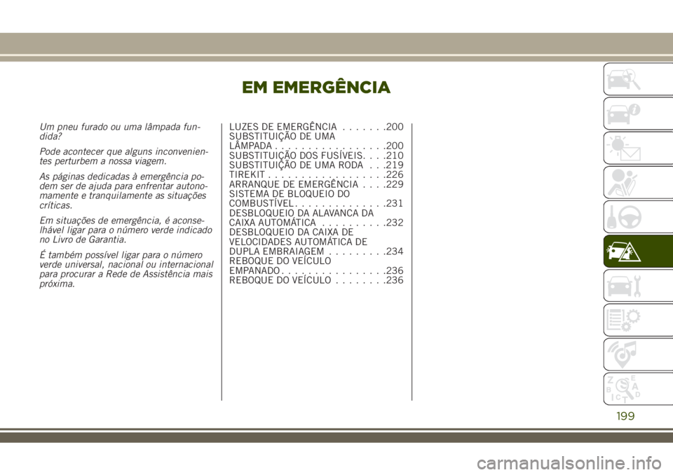 JEEP RENEGADE 2018  Manual de Uso e Manutenção (in Portuguese) EM EMERGÊNCIA
Um pneu furado ou uma lâmpada fun-
dida?
Pode acontecer que alguns inconvenien-
tes perturbem a nossa viagem.
As páginas dedicadas à emergência po-
dem ser de ajuda para enfrentar a