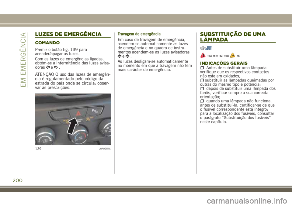 JEEP RENEGADE 2018  Manual de Uso e Manutenção (in Portuguese) LUZES DE EMERGÊNCIA
COMANDO
Premir o botão fig. 139 para
acender/apagar as luzes.
Com as luzes de emergências ligadas,
obtém-se a intermitência das luzes avisa-
doras
e.
ATENÇÃO O uso das luzes